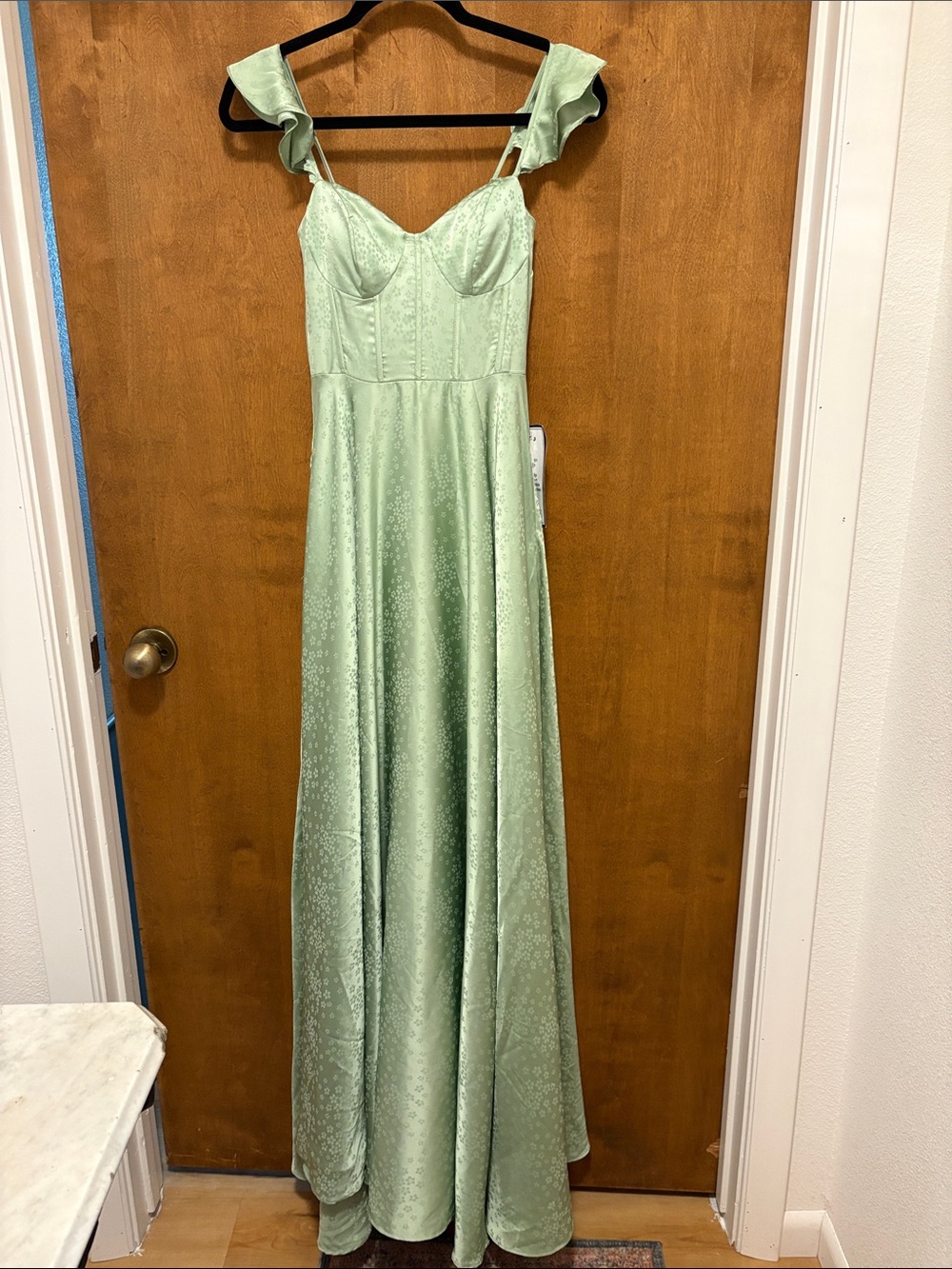 605. B. Darlin Light Green Ruffled Strap Maxi Dress with pockets